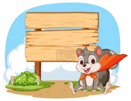 Téléchargez les illustrations : Écureuil dessin animé à côté d'un grand panneau vierge - en licence libre de droit