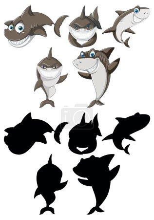 Téléchargez les illustrations : Divers requins de bande dessinée avec des expressions gaies - en licence libre de droit