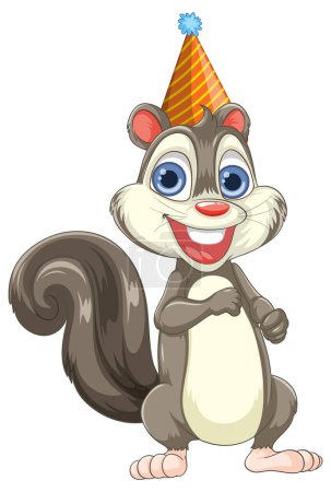 Illustration for Cartoon squirrel celebrating with a colorful hat - Royalty Free Image