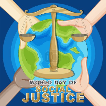 Illustration of scales, Earth, and hands promoting justice