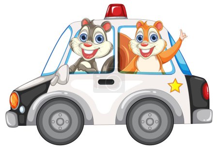 Two cartoon squirrels enjoying a ride in a cop car