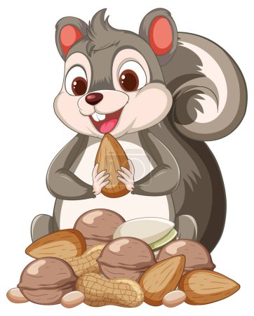 Téléchargez les illustrations : Écureuil dessin animé jouissant d'une pile de noix - en licence libre de droit