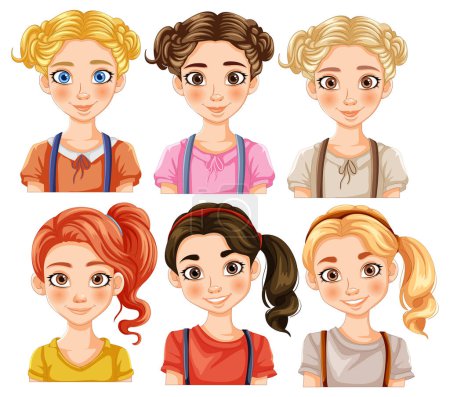 Téléchargez les illustrations : Six filles de dessin animé avec diverses coiffures et expressions - en licence libre de droit