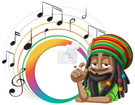 Cartoon of a reggae musician playing music happily.