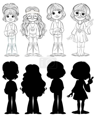 Illustration for Black and white drawings of children in retro outfits - Royalty Free Image
