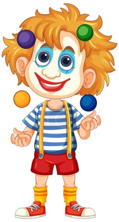 Téléchargez les illustrations : Clown heureux jongler quatre boules colorées - en licence libre de droit