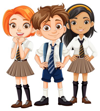 Téléchargez les illustrations : Three students in school uniforms smiling - en licence libre de droit
