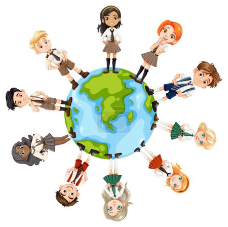Téléchargez les illustrations : Kids standing on a globe, holding hands - en licence libre de droit
