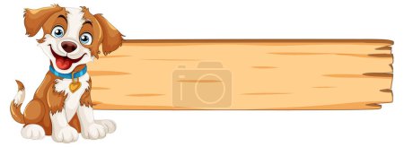 Téléchargez les illustrations : Chien joyeux à côté du signe en bois vierge - en licence libre de droit