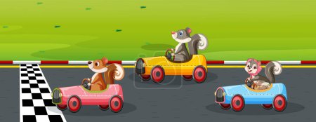 Téléchargez les illustrations : Trois écureuils de course dans les voitures jouets colorés - en licence libre de droit