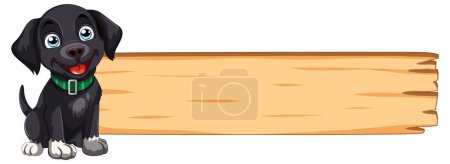 Téléchargez les illustrations : Mignon chiot noir à côté du signe en bois - en licence libre de droit