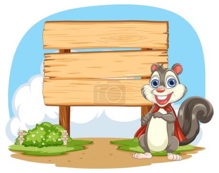 Téléchargez les illustrations : Écureuil dessin animé debout près d'un panneau en bois - en licence libre de droit