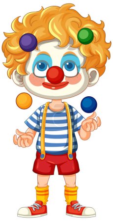 Ein fröhlicher Clown jongliert mit bunten Bällen