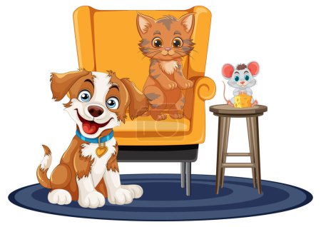 Illustration for Dog, cat, and mouse in a cozy setting - Royalty Free Image