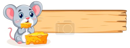 Adorable mouse holding cheese beside wooden sign