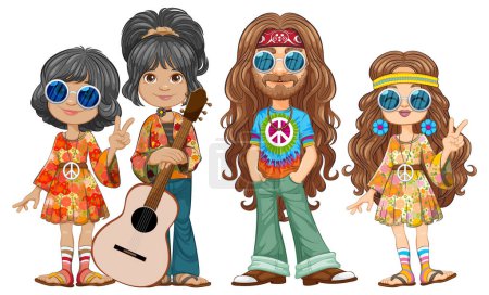 Retro-Familie in buntem Hippie-Gewand