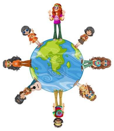 Hippies de pie alrededor de un globo, promoviendo la paz
