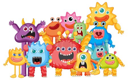A group of cheerful, colorful cartoon monsters