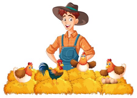 Smiling farmer surrounded by chickens on hay