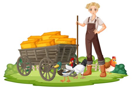 Farmer standing with cart, ducks, and chickens