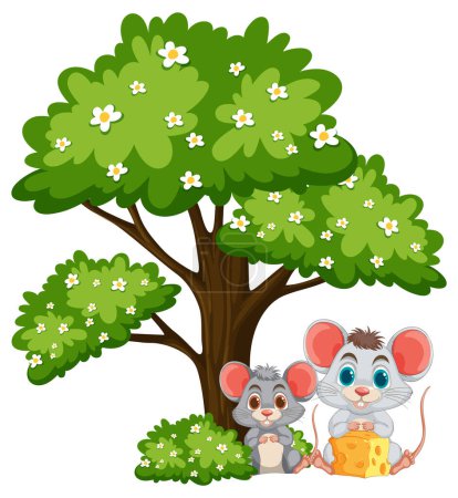 Dos ratones sentados bajo un árbol floreciente