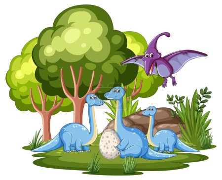 Dinosaurios con huevo en exuberante bosque