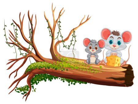 Dos ratones sobre un árbol caído