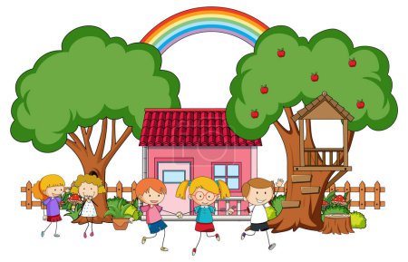 Niños disfrutando al aire libre cerca de una casa del árbol