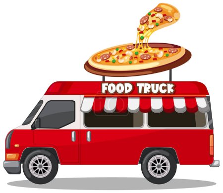 Camión de comida roja con un cartel de pizza