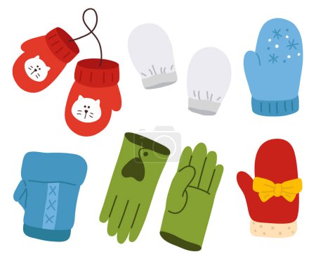 Illustration for Cute vector collection of colorful winter various gloves - Royalty Free Image