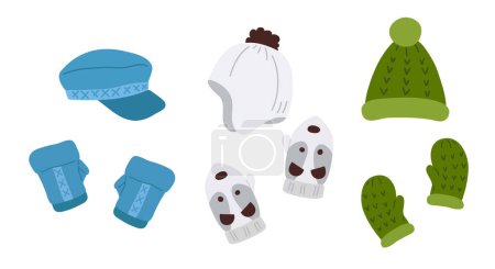 Photo for Cute vector set of colorful winter various hats and gloves in pair - Royalty Free Image