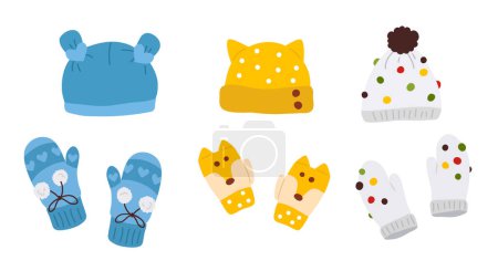 Photo for Cute vector set of colorful winter various hats and gloves in pair - Royalty Free Image