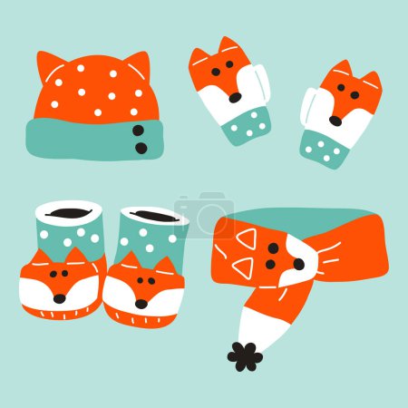 Photo for Cute vector collection of colorful winter foxes childish scarf , hat, mittens, boots - Royalty Free Image