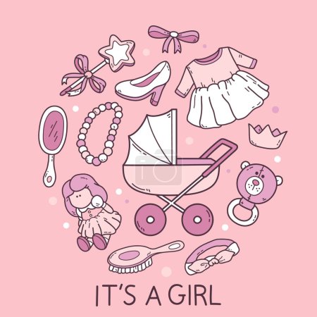 Photo for Vector illustration of round print with cute baby girl doodle for baby shower. it is a girl - Royalty Free Image