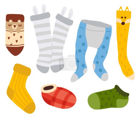 Téléchargez les illustrations : Mignonne collection vectorielle d'hiver coloré diverses chaussettes et collants enfantins, chaussettes de genou - en licence libre de droit