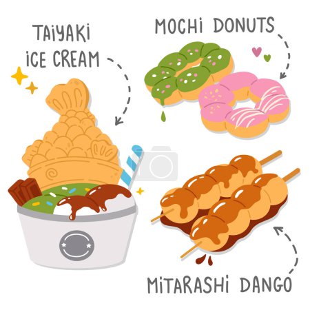 Photo for Vector illustration set of cute  doodle asian food taiyaki, donuts, dango for print ,design, greeting card,sticker,icon - Royalty Free Image