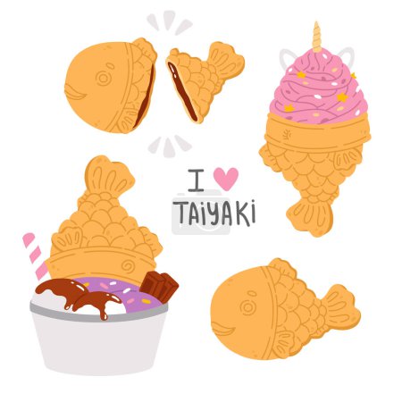 Photo for Vector illustration set of cute  doodle asian food taiyaki for print ,design, greeting card,sticker,icon - Royalty Free Image