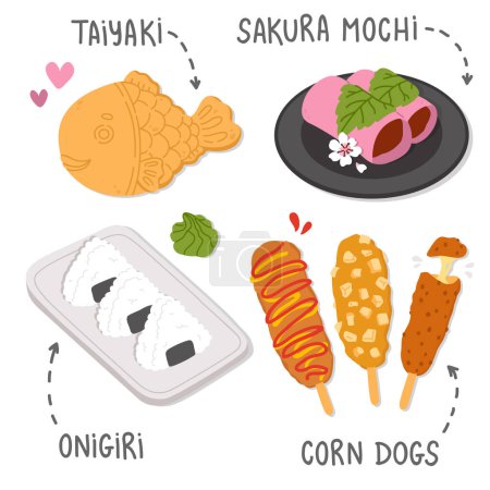 Photo for Vector illustration set of cute  doodle asian food sakura mochi,taiyaki,corn dogs,onigiri  for print ,design, greeting card,sticker,icon - Royalty Free Image