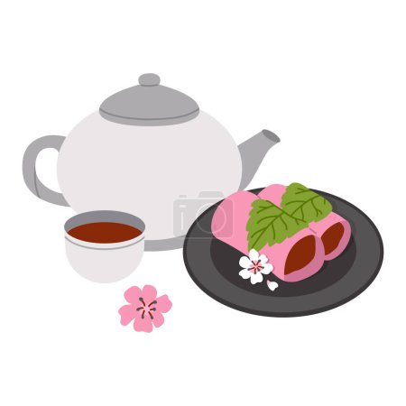 Photo for Vector illustration of cute  doodle asian food  sakura mochi and tea for print ,design, greeting card,sticker,icon - Royalty Free Image