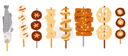 Ilustración de Vector ilustración conjunto de lindo doodle comida asiática yakitori, kushikatsu para imprimir, diseño, tarjeta de felicitación, pegatina, icono - Imagen libre de derechos