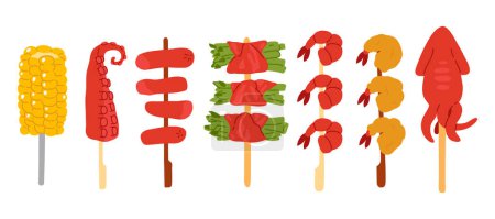 Ilustración de Vector ilustración conjunto de lindo doodle comida asiática yakitori, kushikatsu para imprimir, diseño, tarjeta de felicitación, pegatina, icono - Imagen libre de derechos