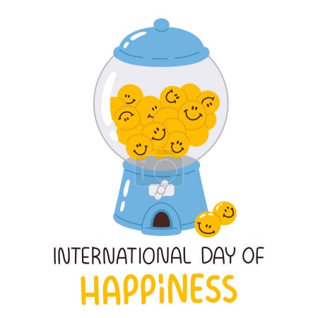 Photo for Vector poster, banner, print design or greeting card for International Day of Happiness with cute cartoon smiling faces in bubble gum machine and happy bubble gum - Royalty Free Image