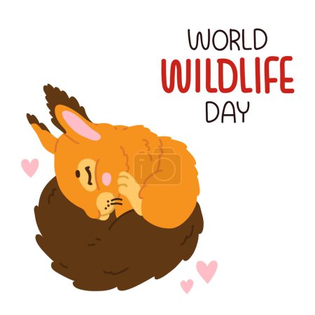 Photo for Vector poster, banner, print design or greeting card for World Wildlife Day with cute cartoon squirrel baby sleeping with hand drawn lettering - Royalty Free Image