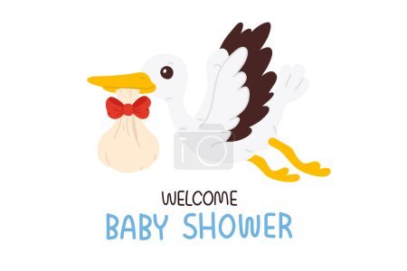 Photo for Vector poster, banner, print design or greeting card for Welcome Baby Shower with cute cartoon stork and hand drawn lettering - Royalty Free Image