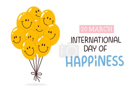 Photo for Vector poster, banner, print design or greeting card for International Day of Happiness with cute cartoon smiling faces on balloons. - Royalty Free Image