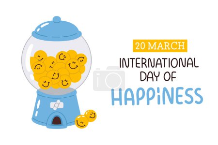 Photo for Vector poster, banner, print design or greeting card for International Day of Happiness with cute cartoon smiling faces in bubble gum machine and happy bubble gum - Royalty Free Image