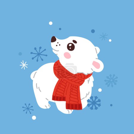 Photo for Cute cartoon baby polar bear character in scarf and snowflakes on background - Royalty Free Image