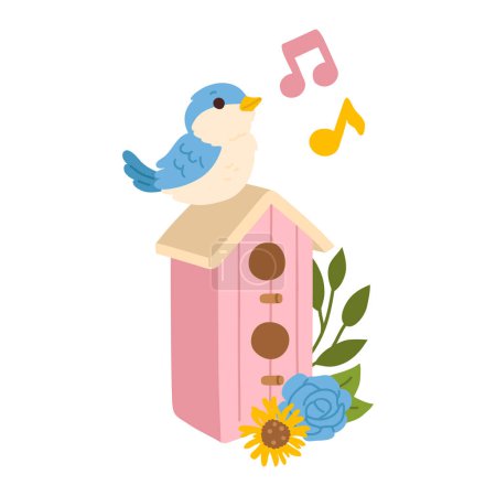 Photo for Vector illustration of spring print with cute cartoon sparrow bird on bird house and flowers - Royalty Free Image