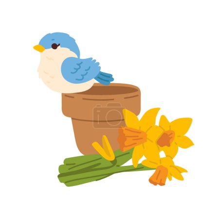Photo for Vector illustration of spring print with cute cartoon sparrow bird on pot and flowers - Royalty Free Image