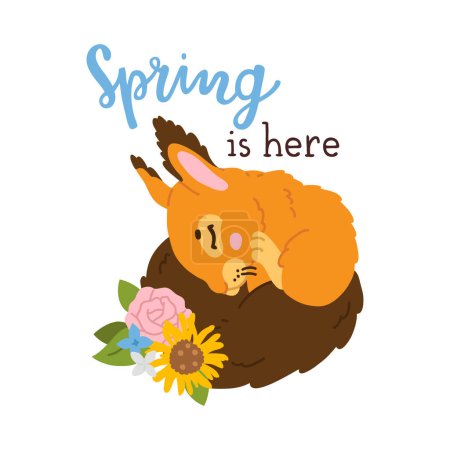 Photo for Vector illustration of spring is here print with cute cartoon squirrel baby sleeping and hand drawn lettering - Royalty Free Image